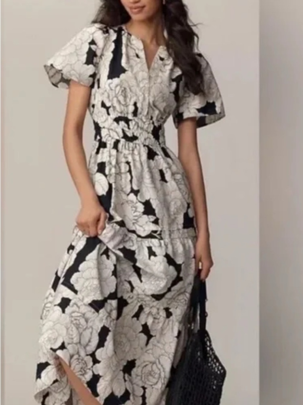 Anthropologie Black & White Floral Tiered Maxi Dress